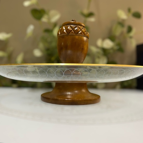 Vintage Mid Century Appetizer Pedistal Serving Tray Glass Wood Toothpick Holder